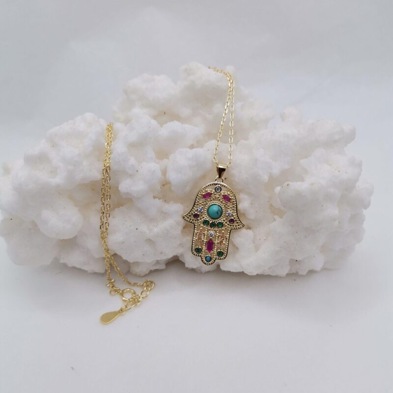 COLGANTE Y CADENA PLATA BAÑADA EN ORO MANO FATIMA MINERAL