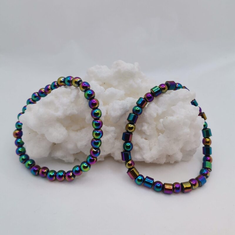 PULSERA MINERAL 6 MM HEMATITE TITANIO O ARCOIRIS