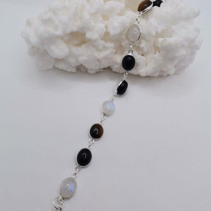 PULSERA PLATA PIEDRA LUNA, ONIX Y OJO DE TIGRE OVALADA
