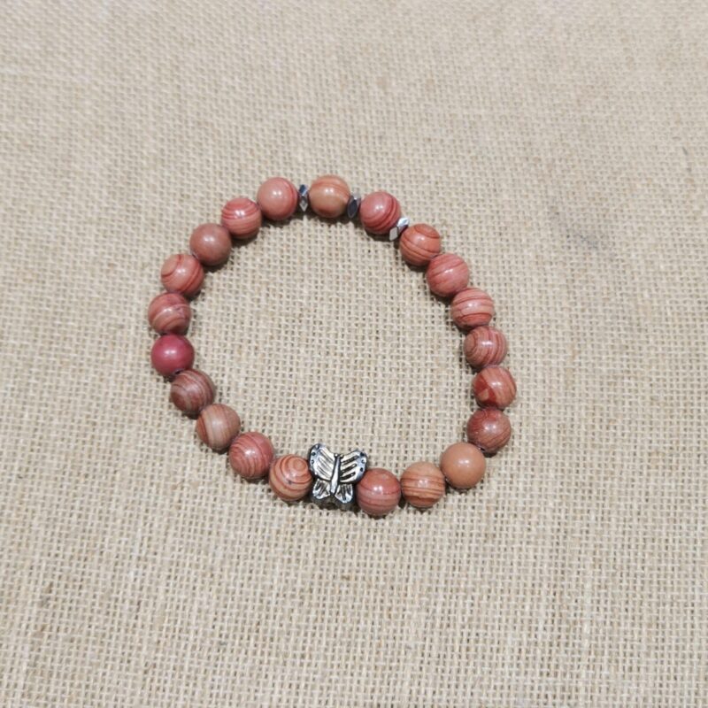 PULSERA MINERAL 8 MM JASPE MADERA ROJA MARIPOSA
