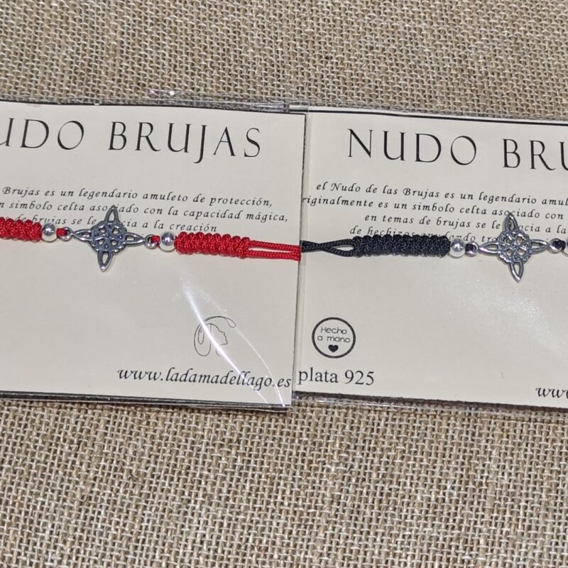 PULSERA NUDO DE BRUJAS ROJA Y NEGRA CUERDA PLATA