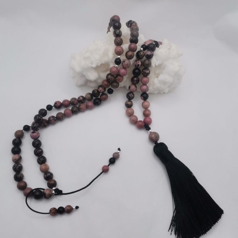COLLAR JAPA MALA RODONITA Y ONIX PLATA