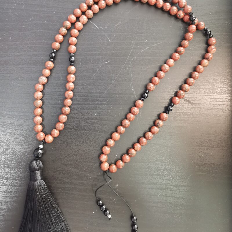 COLLAR JAPA MALA JASPE ROJO Y ONIX PLATA