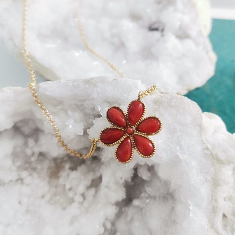 COLGANTE Y CADENA FLOR CORAL PLATA BAÑO ORO