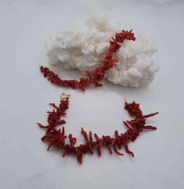 PULSERA CORAL ROJO RAMA PLATA BAÑO ORO