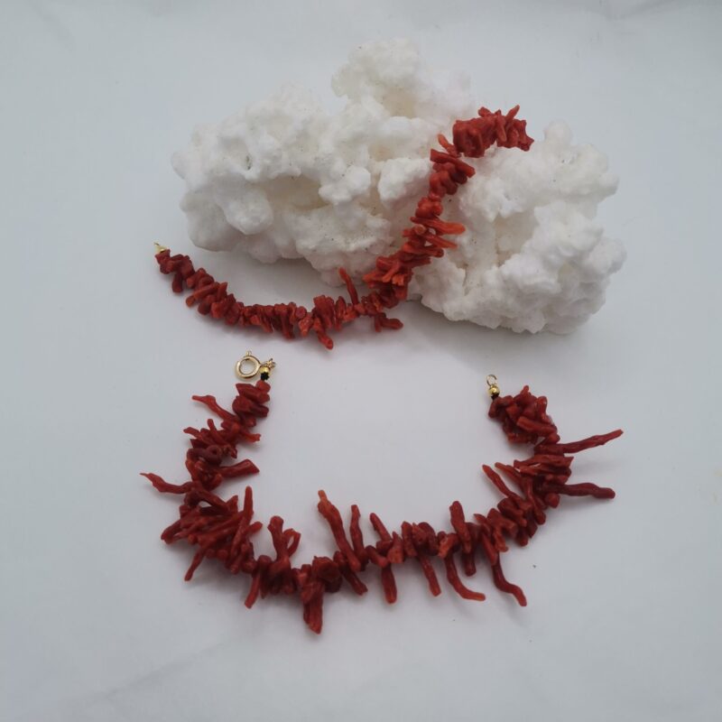PULSERA CORAL ROJO RAMA PLATA BAÑO ORO