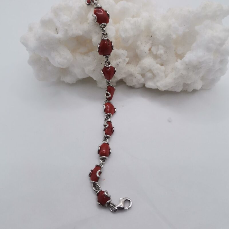 PULSERA CORAL ROJO ENGARZADO INDIVIDUALMENTE PLATA