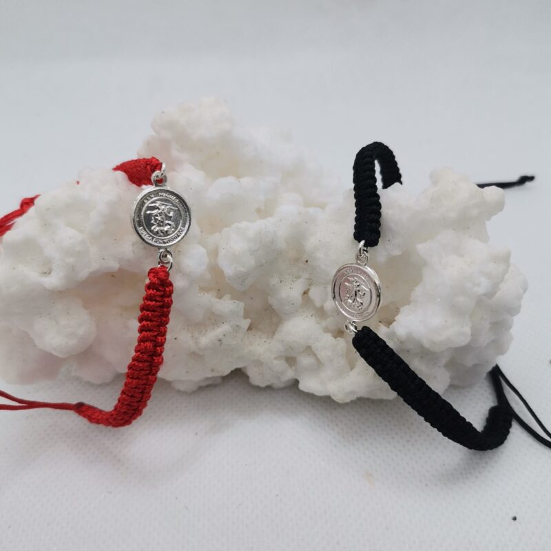 PULSERA SAN MIGUEL ARCANGEL PLATA CORDON NEGRO Y ROJO