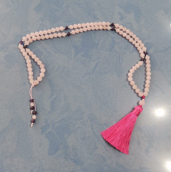 COLLAR JAPA MALA CUARZO ROSA Y AMATISTA O AGATA PLATA