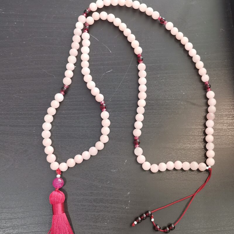 COLLAR JAPA MALA CUARZO ROSA Y GRANATE PLATA