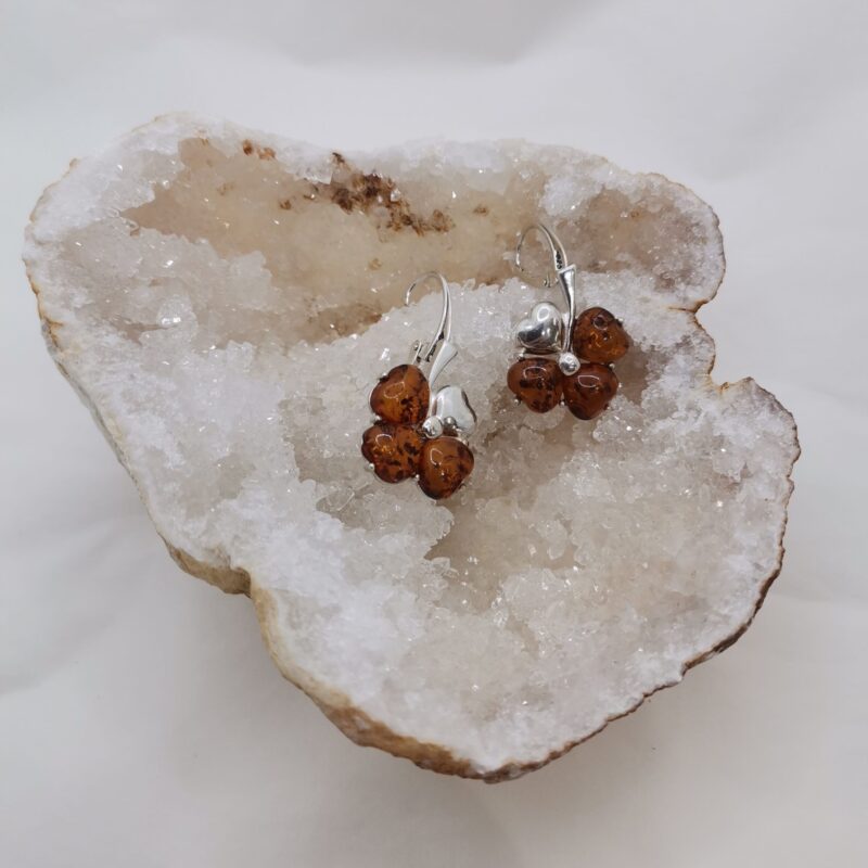 PENDIENTE PLATA Y AMBAR TREBOL CUATRO HOJAS