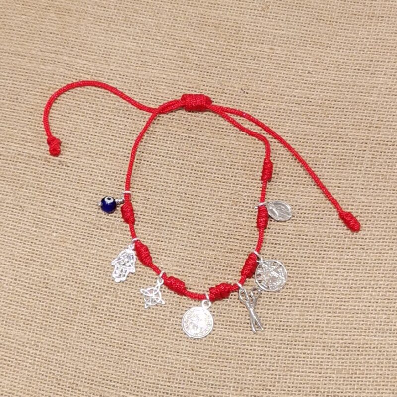 PULSERA 7 NUDOS ROJA Y 7 PROTECCIONES PLATA
