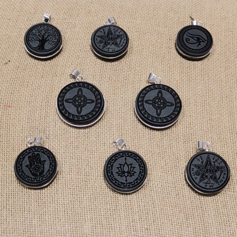 COLGANTE OBSIDIANA REDONDO DIBUJOS PLATA