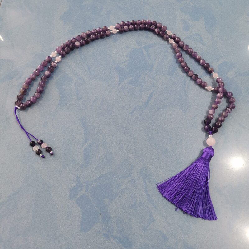 COLLAR JAPA MALA AMATISTA Y CUARZO ROSA PLATA