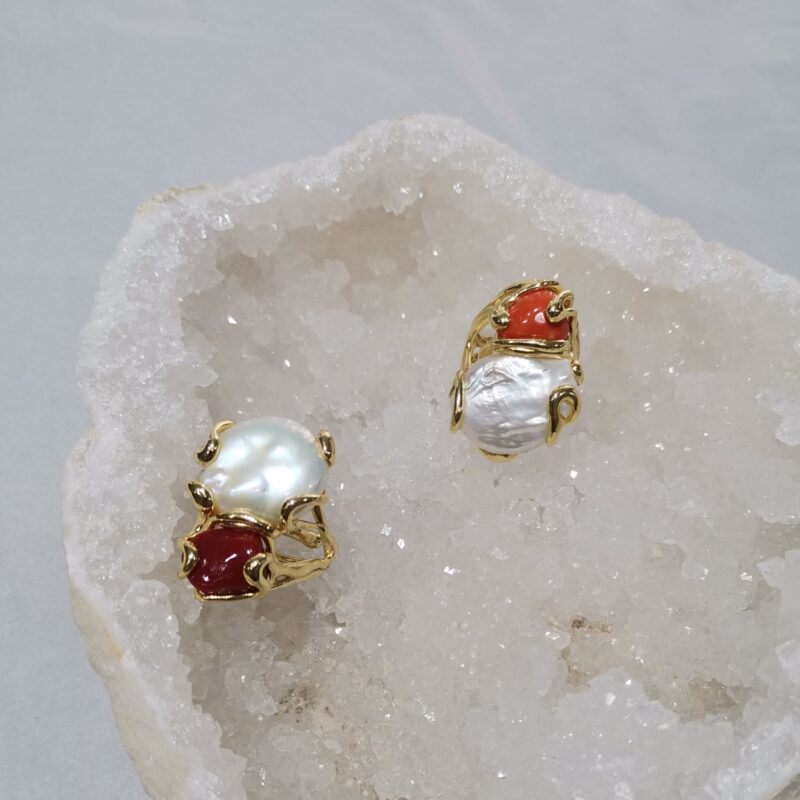 ANILLO PERLA Y CORAL NATURAL PLATA BAÑO ORO