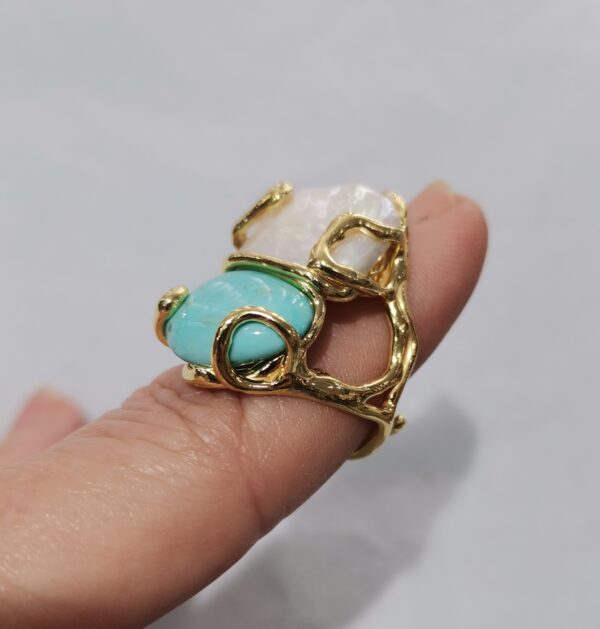 ANILLO PERLA Y TURQUESA PLATA BAÑO ORO - Imagen 2