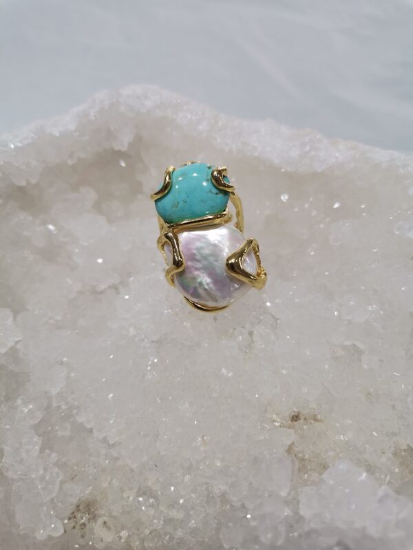 ANILLO PERLA Y TURQUESA PLATA BAÑO ORO