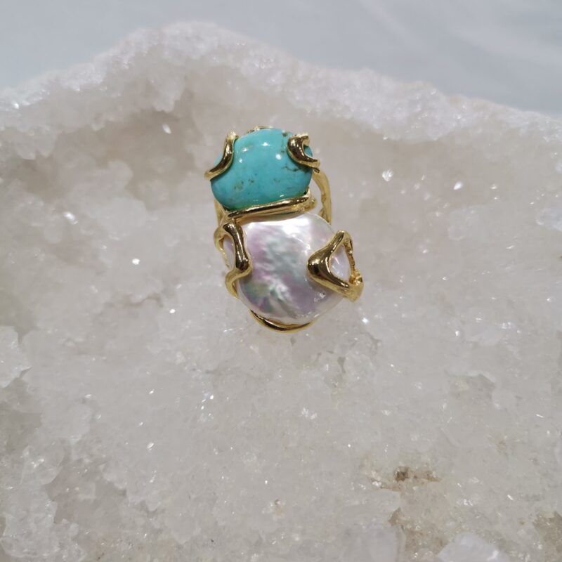 ANILLO PERLA Y TURQUESA PLATA BAÑO ORO