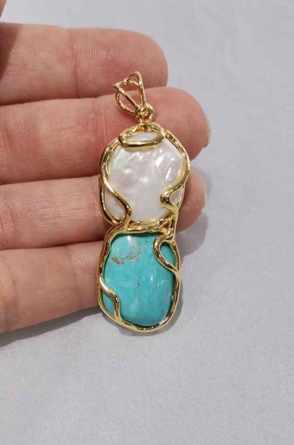 COLGANTE PERLA Y TURQUESA NATURAL PLATA BAÑO ORO - Imagen 2