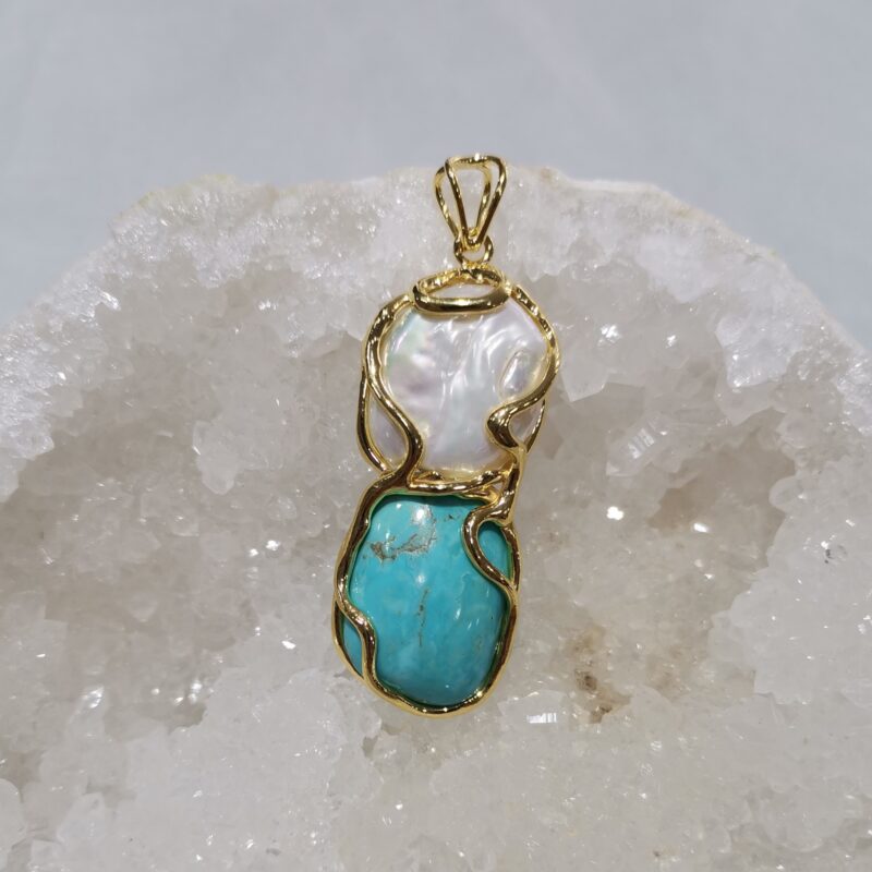 COLGANTE PERLA Y TURQUESA NATURAL PLATA BAÑO ORO
