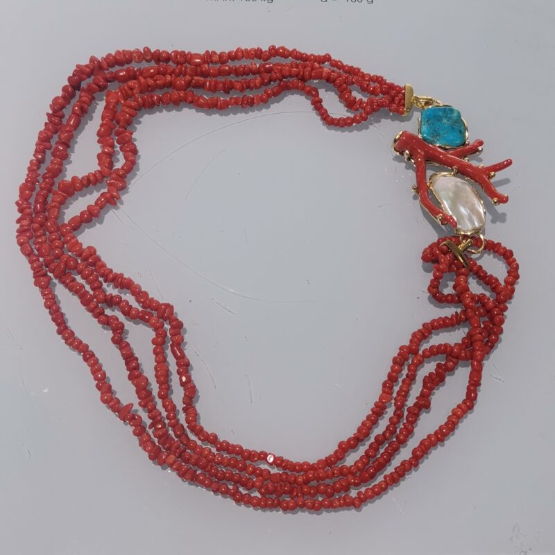 COLLAR CORAL BROCHE RAMA CORAL PERLA Y TURQUESA PLATA BAÑO ORO