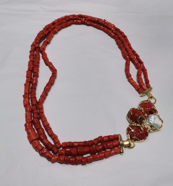COLLAR CORAL TROZOS RAMA BROCHE CORAL PERLA PLATA BAÑO ORO - Imagen 3