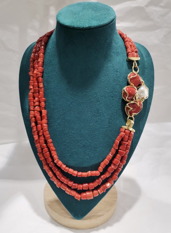 COLLAR CORAL TROZOS RAMA BROCHE CORAL PERLA PLATA BAÑO ORO