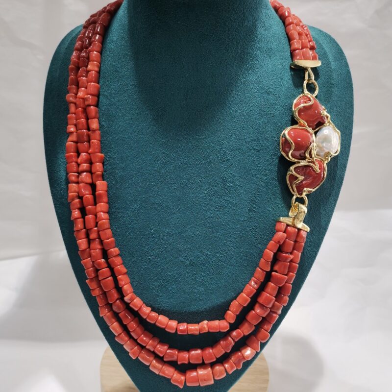 COLLAR CORAL TROZOS RAMA BROCHE CORAL PERLA PLATA BAÑO ORO