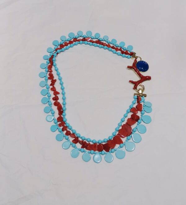COLLAR TURQUESA Y CORAL RAMA PLATA BAÑO ORO - Imagen 2