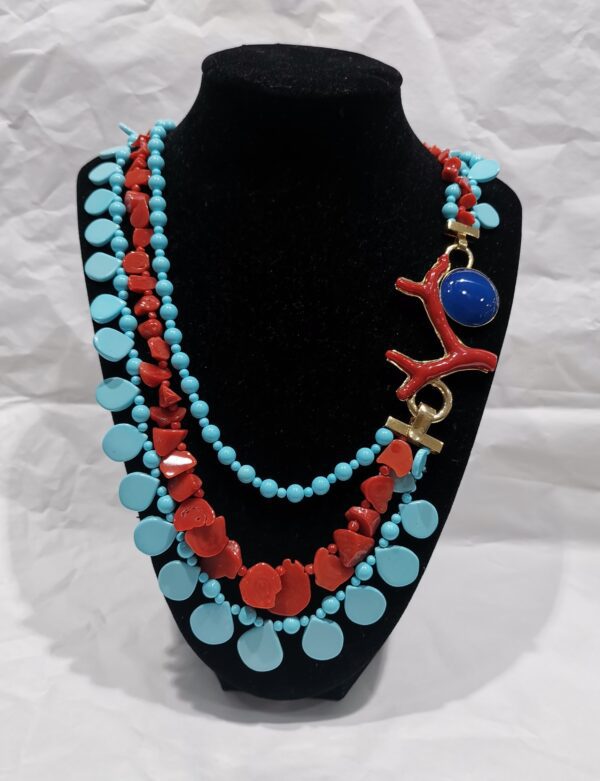 COLLAR TURQUESA Y CORAL RAMA PLATA BAÑO ORO
