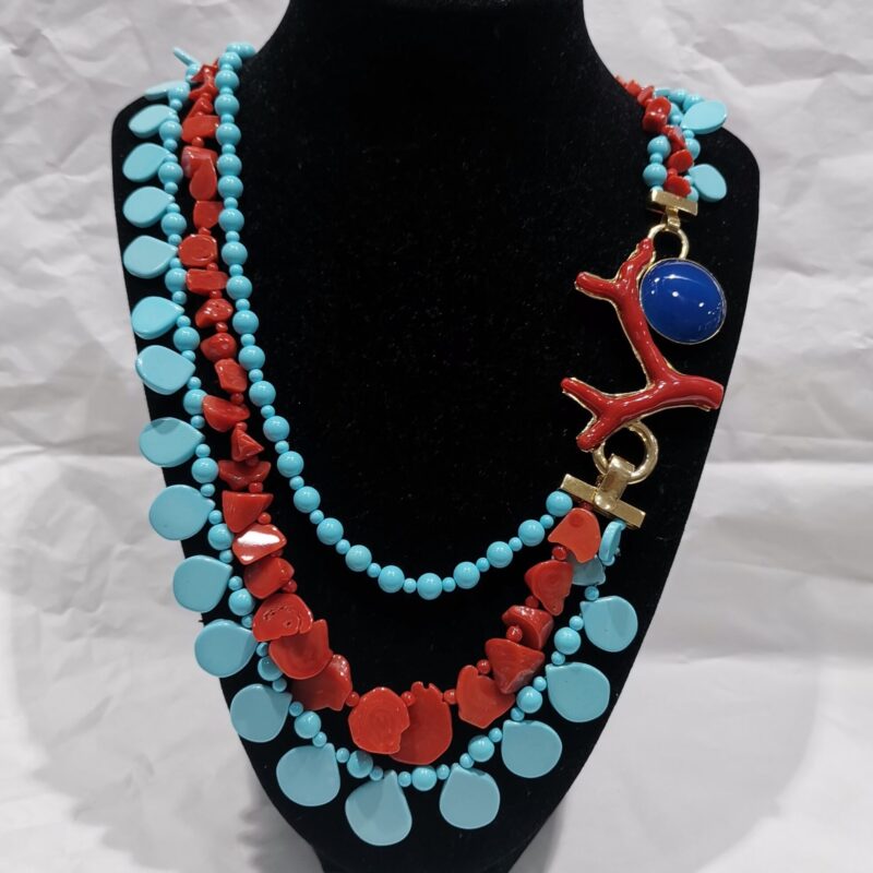 COLLAR TURQUESA Y CORAL RAMA PLATA BAÑO ORO