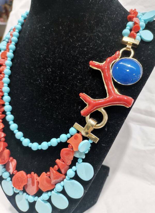 COLLAR TURQUESA Y CORAL RAMA PLATA BAÑO ORO - Imagen 3