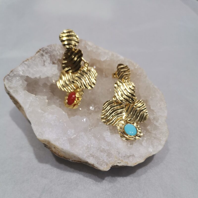PENDIENTE TURQUESA O CORAL PLATA BAÑO ORO CUADRADOS