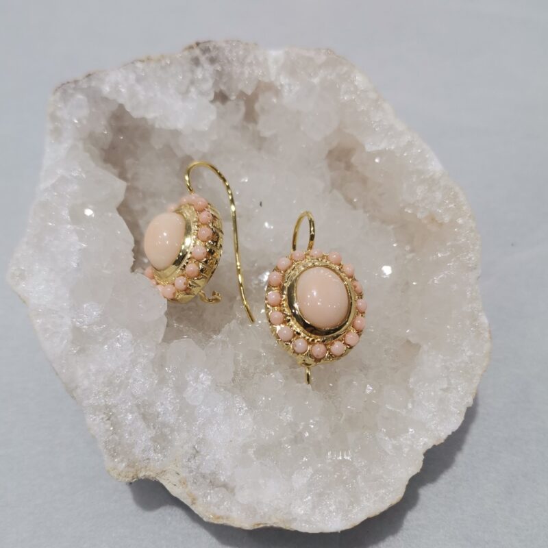 PENDIENTE CORAL ROSA OVALADO PLATA BAÑO ORO