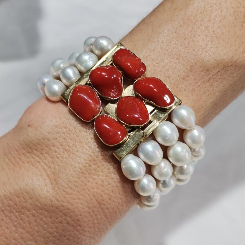 PULSERA PERLA NATURAL Y 6 CORALES ROJO PLATA BAÑO ORO