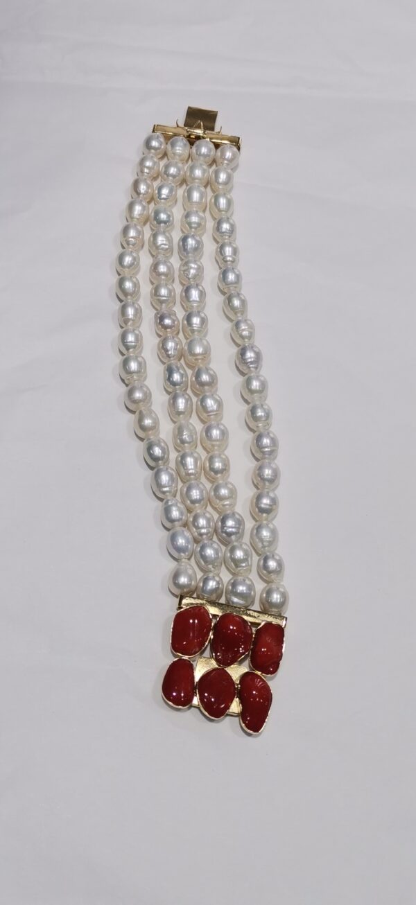 PULSERA PERLA NATURAL Y 6 CORALES ROJO PLATA BAÑO ORO - Imagen 2