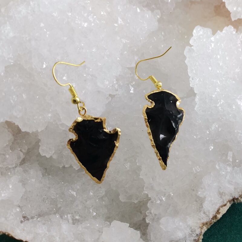 PENDIENTES PUNTA OBSIDIANA ACERO DORADO 121