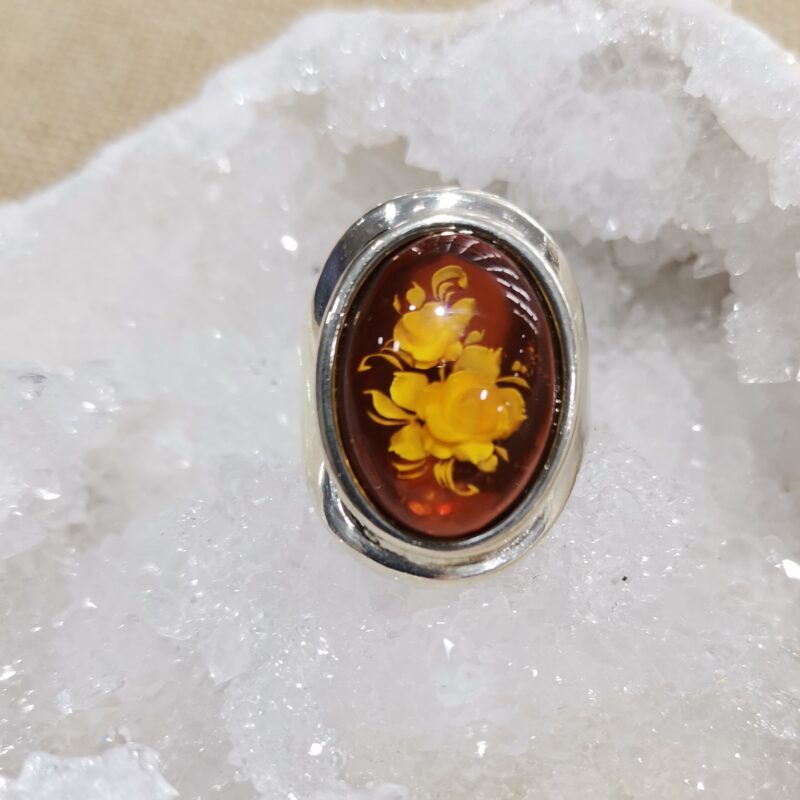 ANILLO AMBAR OVALADO ROSAS PLATA ADAPTABLE