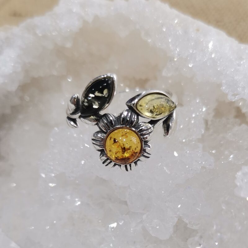 ANILLO AMBAR PLATA FLOR TRES COLORES