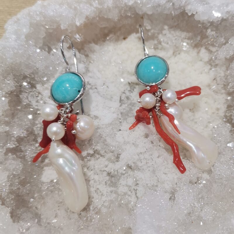 PENDIENTES DE CORAL AMAZONITA Y PERLA PLATA