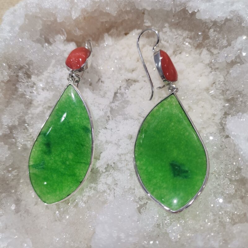 PENDIENTE CORAL Y JADE LAGRIMA PLATA