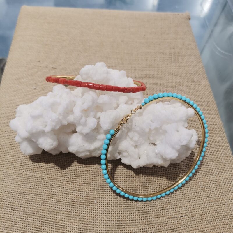 PULSERA CAÑA CORAL O TURQUESA PLATA BAÑO ORO