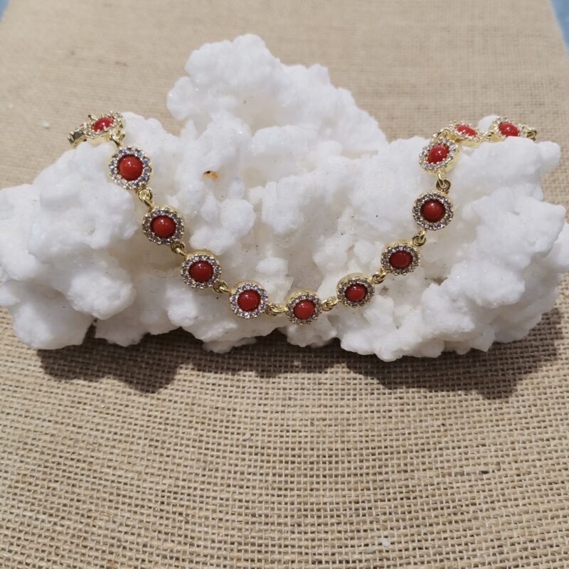 PULSERA CORAL CIRCONITAS BLANCAS PLATA BAÑADA ORO