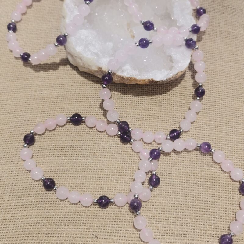 PULSERA MINERAL CUARZO ROSA Y AMATISTA 6 MM